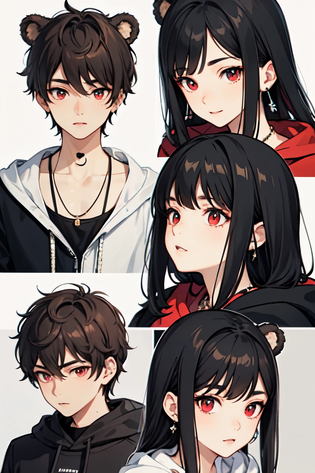 ((best quality)), ((masterpiece)), (detailed), perfect face black hair,red eyes,bear,me boy,necklace,ear piercing,ring,man,boy,Black hoodie,jeans,man ,high school student,