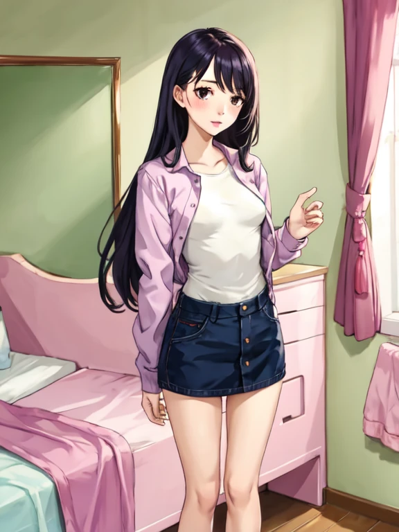 1 girl,small breasts,,lilac long-haired,poor body,high school student,nipple,girl's room,Standing portrait style,
