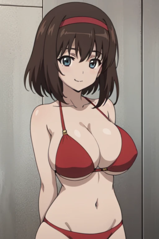 (anime cels style, best quality, high resolution, megami magazine, anime poster style, photorealistic), (beautiful eyes:1.2), kondou_taeko, 1girl, smile, medium hair, brown hair, brown eyes, (red hachimaki), (huge breast), (red bikini), cowboy shot, (perfect detailed anatomy, beautiful face, perfect body, perfect arms, shiny skin), sunshine, bluesky