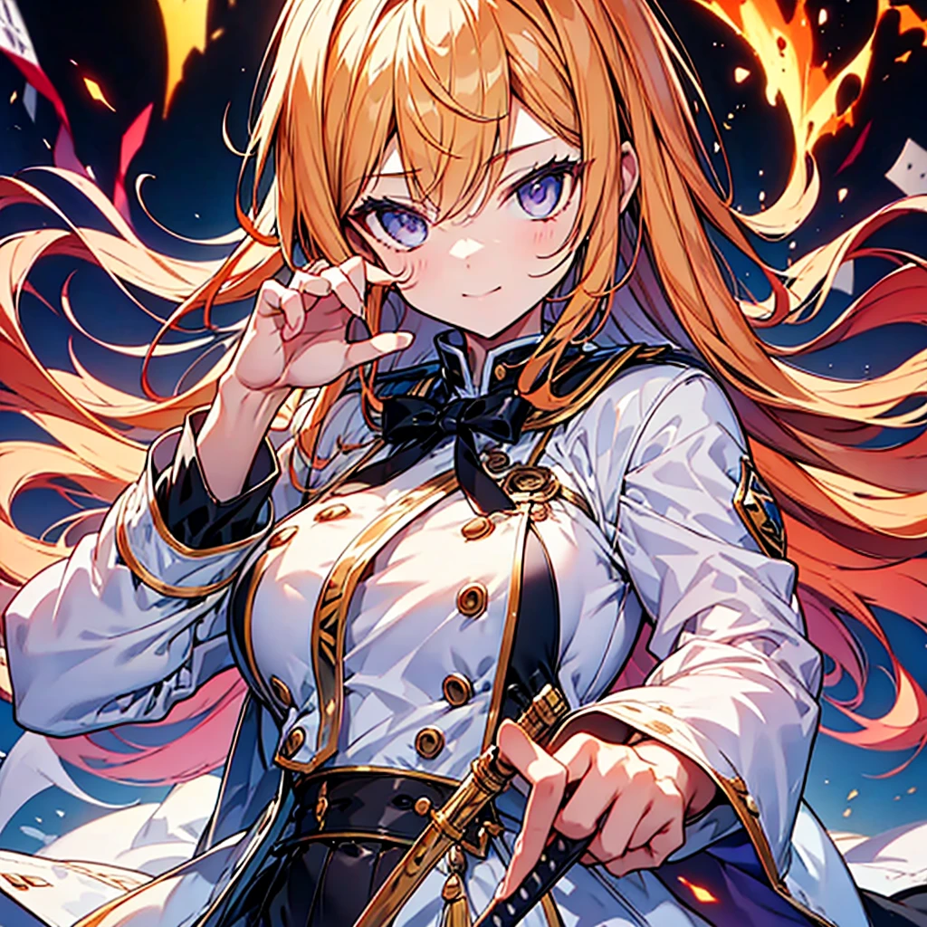 highest quality,(highest quality)),((table top)),((perfect face)),(background blur),1 girl.white uniform,white Jacket,Jacket,cane,woman,魔法のcaneを持っている,Flames flutter,golden hair,purple eyes