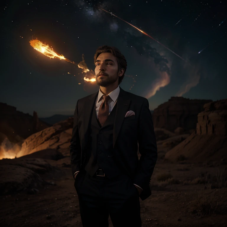 fiery auras. Dramatic lighting from distant stars and planets illuminates the scene, casting deep shadows on the suit. The young man looks confident and determined, looking at the vast and mysterious universe with wonder and respect,facial hair, cowboy shot,