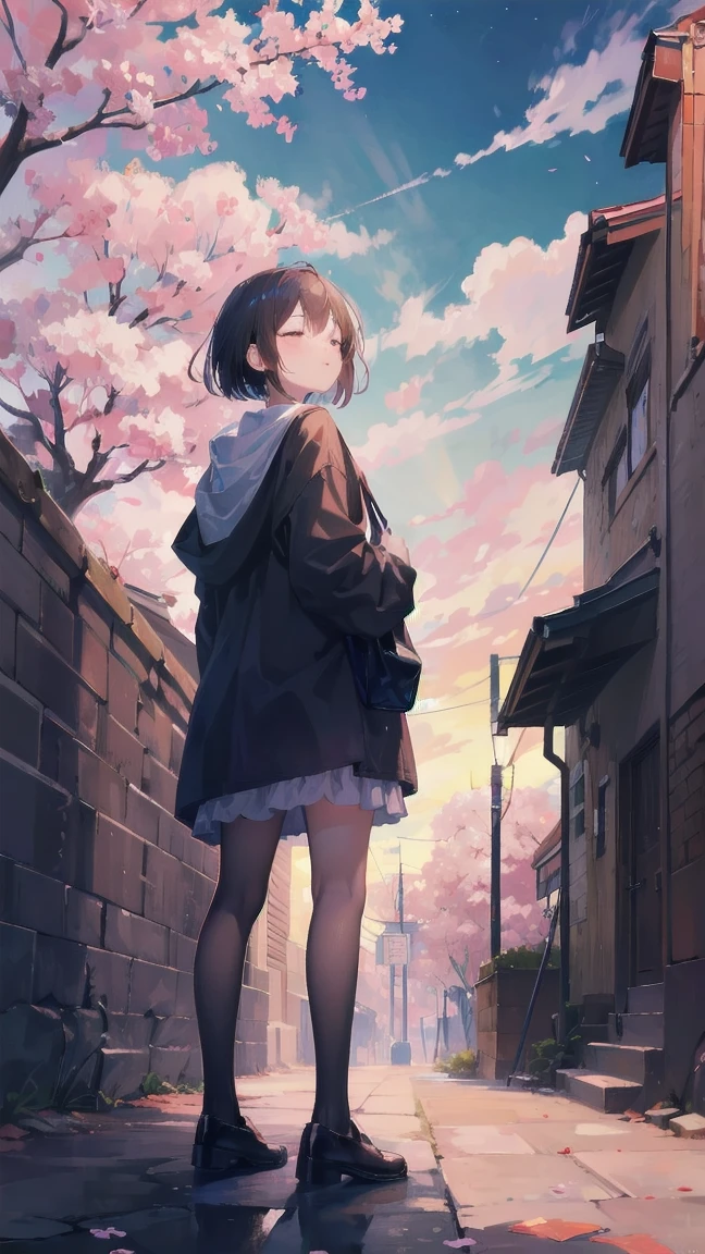 見上げるgirl シーン 1: Shadow of cherry blossoms at dusk A girl standing quietly with the sky behind her, Tinted Blue. 彼女の目の前にそびえ立つのはバベルのtowerと呼ばれる巨大な桜だ. shape, Like piercing the clouds, It'nice'Reaching the sky. girl'視線はCherry treeの頂上に向けられている.. tower, Bathed in the morning light, Creates a fantastic atmosphere. Cherry treeの表面には複雑な模様が刻まれている.. old-fashioned. girl seemed to sense something deep within the cherry blossoms.. Is it a memory of a classic story?、Or is it a longing for an unknown fantasy world??? Scene 2: Starry sky memories, Countless stars twinkle in the blue sky、少女はtowerの頂上に立つ. At her feet, The city lights shine like jewels. girl closes her eyes and takes a deep breath. 春風の匂いとtowerの古い匂いが混じる. girl'A famous story played out in my head.. girl read a story of adventure and friendship.。 . The main character of the story, girlのように, バベルのtowerに登りました. There, She met her friends、Overcoming various difficulties. one day、The girl had a dream。, Like the main character, I'Go on an adventure. Scene 3: 朝焼けの約束 朝日の光がtowerを照らす頃、少女はtowerを出た. Please think back, towerは朝日に輝いて神々It even seemed. 少女はいつかまたこのtowerに登ると決めた. And she, She vows to tell the rest of the story. step by step, girl walked into the future,Cherry tree,Scattering cherry blossoms,beautiful sky,black hair,short bob