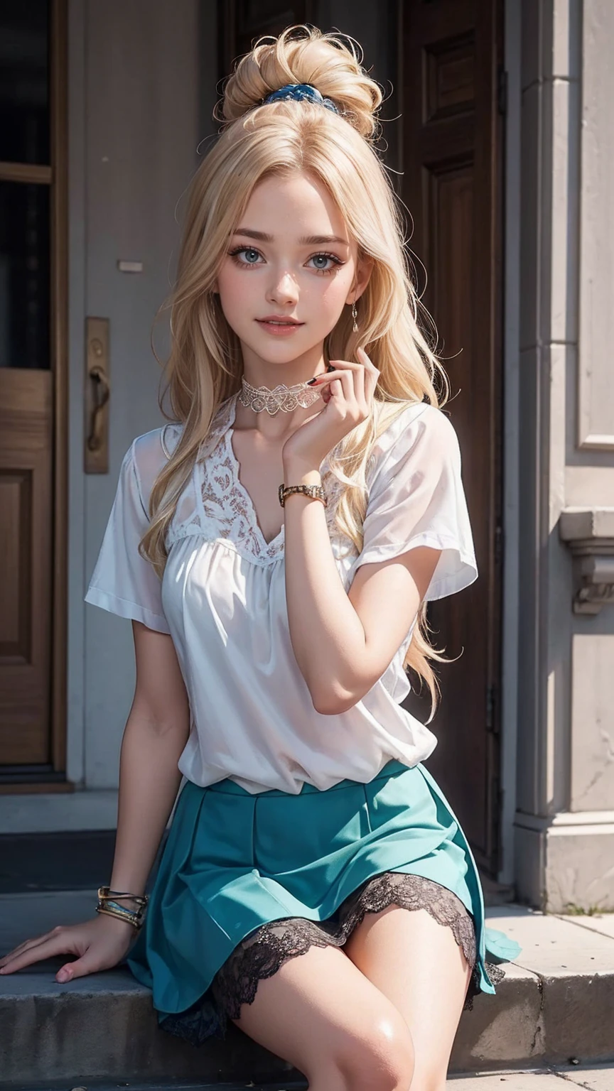 eyes realistic sizing, drooping eyes, round face, (unbuttoned casual dress), showing off chest outline, thighs, small breast, pubic hair, blond, braid, gate at corner of the park, smiling, windy, strong sunlight,