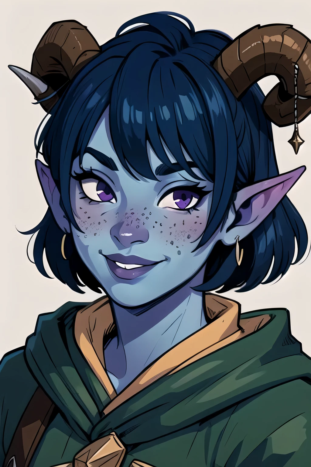 masterpiece, best quality, 1girl, jesterlavorre, blue hair,  purple eyes, blue skin, freckles, colored skin, horns, pointy ears, closeup, tiefling, smile, looking at viewer, solo, mischievous smile, 