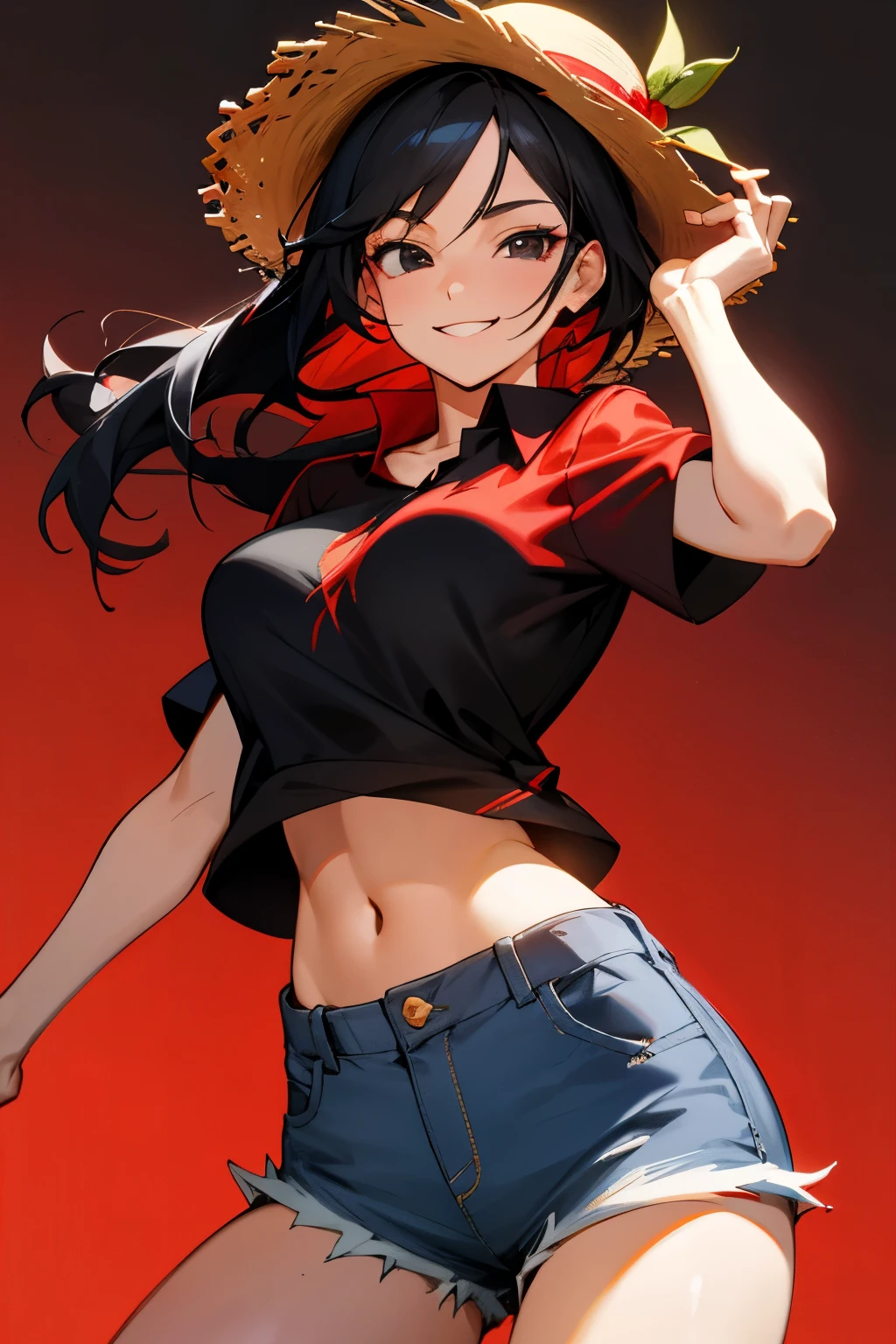 Girl, straw hat, naughty smile, scar under her left eye, black hair, black eyes, open red short-sleeved shirt, short jeans, big breasts, red shirt 