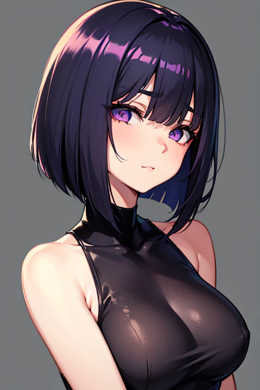 Anime-style portrait of a girl with a dark violet bob cut making eye contact with the camera, bright eyes, -facebtle smile, minimalistic background to emphasize character, high contrast, clean lines, digital painting, vivid colors, The girl wears her hair in a bob cut, cut at the jawline. Her hair is dark purple and her fringes are parted just in the middle of her forehead, barely peeking over her eyebrows. Other short hair frames the face on either side of the fringe, reaching just above the eyes, and the hair on the sides is clipped above the ears. The hair on top has slight volume and forms an overall rounded silhouette. The texture of the hair is smooth, shiny and lively. The ends of the hair are lightly styled inwards. 