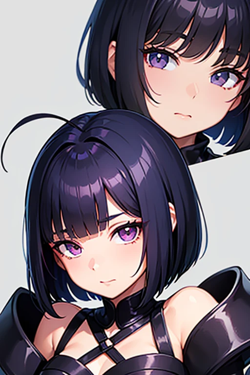 Anime-style portrait of a girl with a dark violet bob cut making eye contact with the camera, bright eyes, -facebtle smile, minimalistic background to emphasize character, high contrast, clean lines, digital painting, vivid colors, The girl wears her hair in a bob cut, cut at the jawline. Her hair is dark purple and her fringes are parted just in the middle of her forehead, barely peeking over her eyebrows. Other short hair frames the face on either side of the fringe, reaching just above the eyes, and the hair on the sides is clipped above the ears. The hair on top has slight volume and forms an overall rounded silhouette. The texture of the hair is smooth, shiny and lively. The ends of the hair are lightly styled inwards.