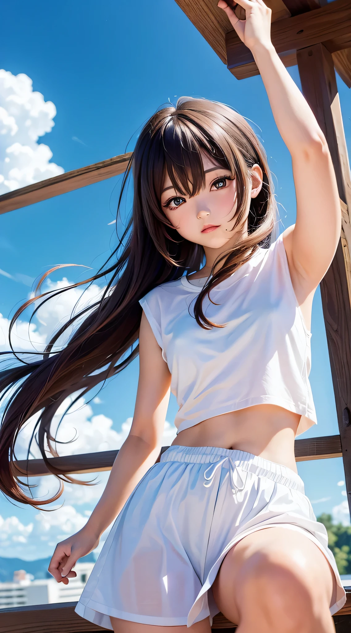 (Infant 8 years old)Ahegao、Butt Emphasis、She spreads her legs to reveal her white polka dot panties、、See through、Turn to me、Realistic、(8 year old girl with long wavy hair)、Close-up from the ground、(Summer camp in the mountains)、(In the tent)Butt Emphasis、Black and tan checked shorts、Tight Berry Short Mini Skirt