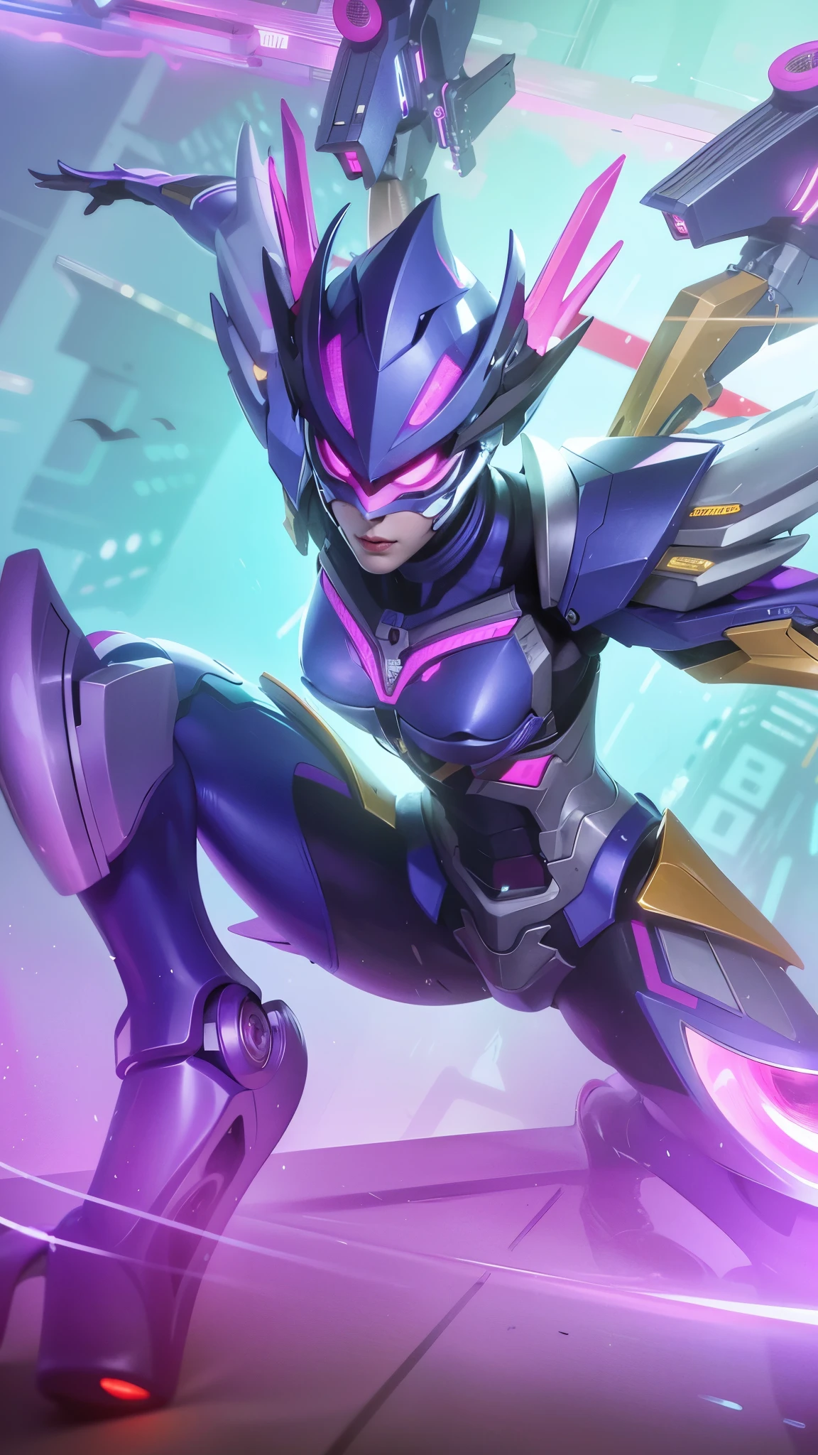 a close up of a robot with a purple and yellow costume, 8k, ultra hd, ultra detailed texture, hyper realistic, masterpiece, detailed texture, detailed face, detailed skin, detailed lighting, (photorealistic:1.5), best quality, beautiful lighting, cinematic lighting, professional lighting, ultra highres, realistic, detailed hair, real hair, high quality, (realskin:1.5), extremely detailed, finely detail, ultra-detailed.