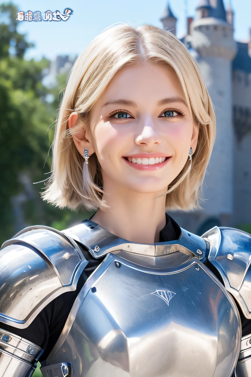 ８Ｋ、highest quality、female knight、The background is a castle、Luxurious Silver Armor、heavy equipment、hairstyle short cut、smile、beautiful teeth、full body photo、ear piercing、blonde、white woman、blue eyes、


