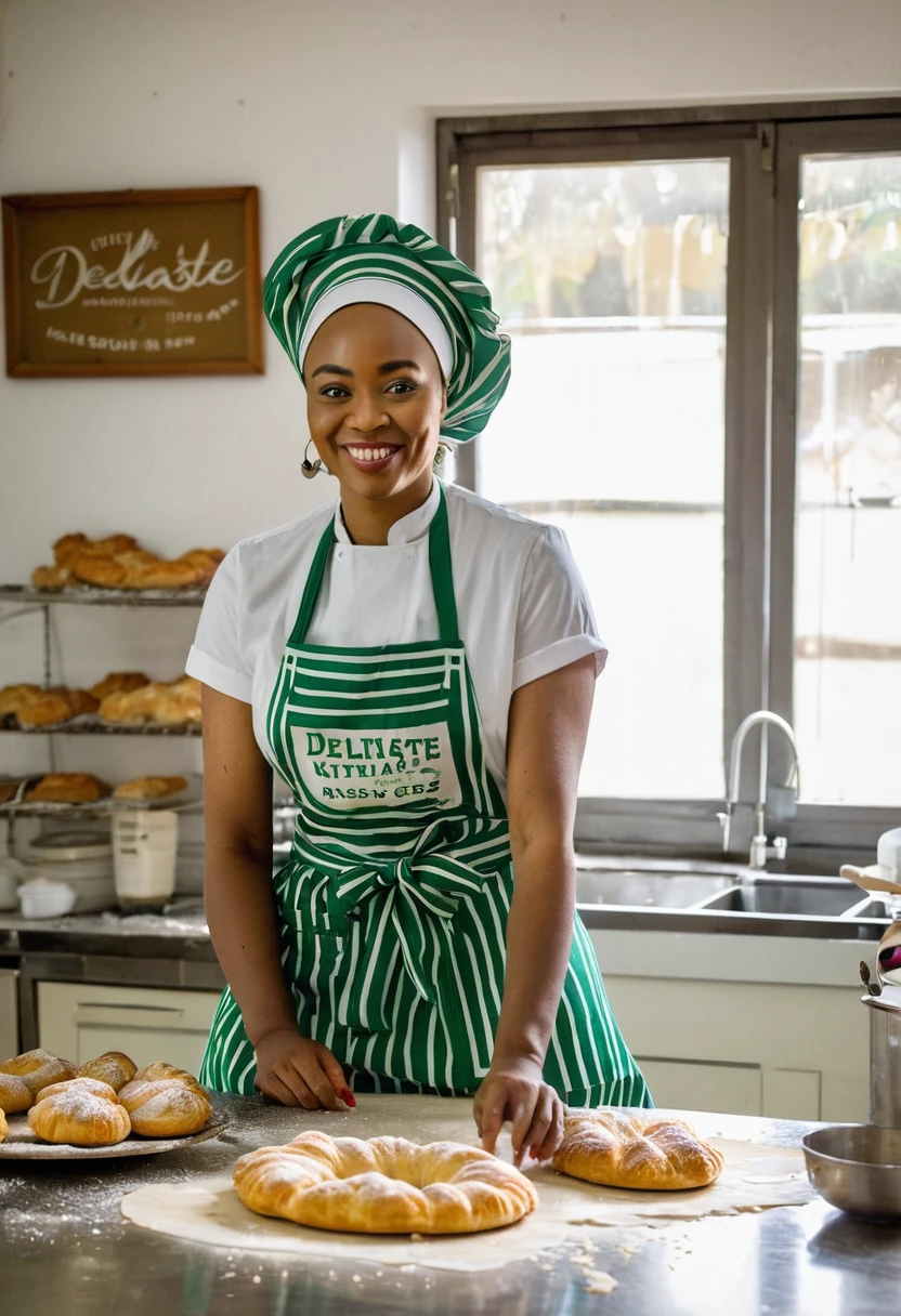 She's fairly light skinned. She's making pastries in her studio-kitchen with the inscription "DELITASTE" framed somewhere in the background but bold enough to be noticed. She lives in Nigeria and is happy with what she's doing. She's also wearing an apron with the same inscription on