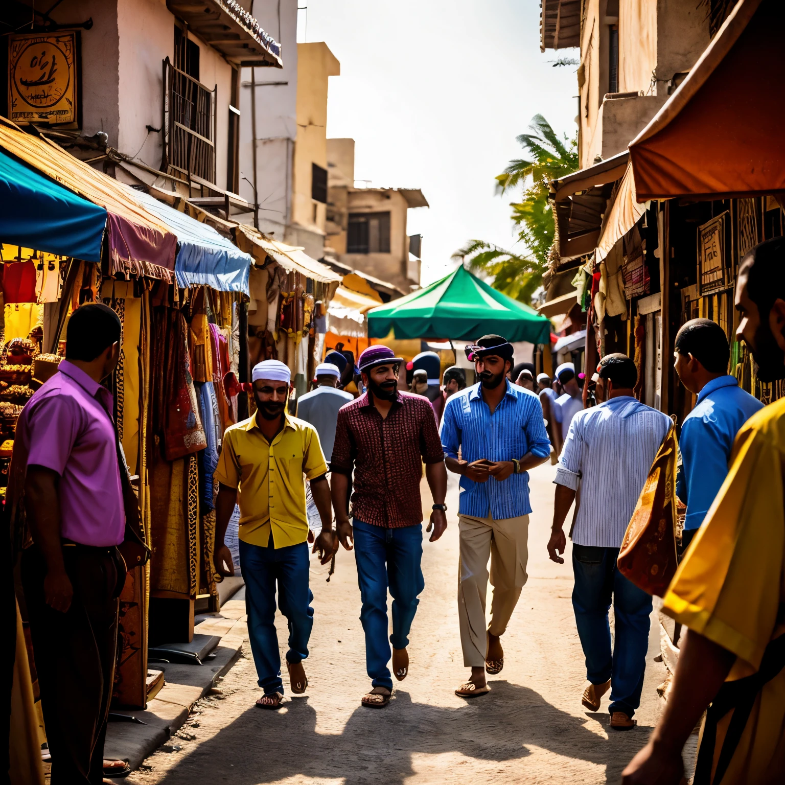 Men celebrating Eid al-Fitr in a vibrant, colorful bazaar setting, photorealistic, ultra-detailed, dressed in traditional clothing, laughing and chatting with each other, beaming smiles on their faces, intricately designed tribal henna tattoos on their hands, prayer caps on their heads, holding date palm leaves or colorful balloons, children running around and playing games, sun setting behind the market, warm atmosphere, authentic textures and colors, textured fabrics, busy market scenes, shallow depth of field, maximum detail, realistic, post-processing, eid mubarak, traditional Middle Eastern cuisine, aromas wafting through the air, joyful