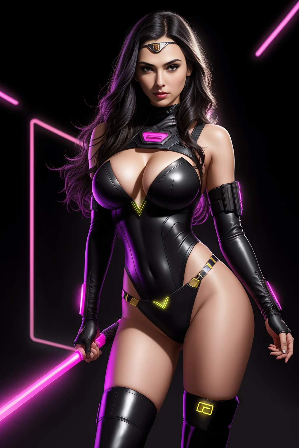 there IS GAL GADOT standing, long hair, 3 d neon art of a womans body, neon-noir background, cyberpunk femme fatale, seductive cyberpunk dark fantasy, cyberpunk strip clubs, cyberpunk 20 y. o model girl, oppai cyberpunk, banner, high definition cgsociety, cgsociety masterpiece, trending on cgstation, kda, random hair, looking at camera, gigantic breasts, cleavage, (high detailed skin:1.2), 8k uhd, dslr, super lighting, high quality, film grain, high res, highly detailed, hyper realistic, beautiful face, beautiful body, beautiful eyes nose lips, alluring expression, very bold, upper visible, full body photo, standing legs apart, pale translucent glowing skin, most beautiful face, cute, (well defined pubic hair:1.2)), (dark plain black background:1.4))