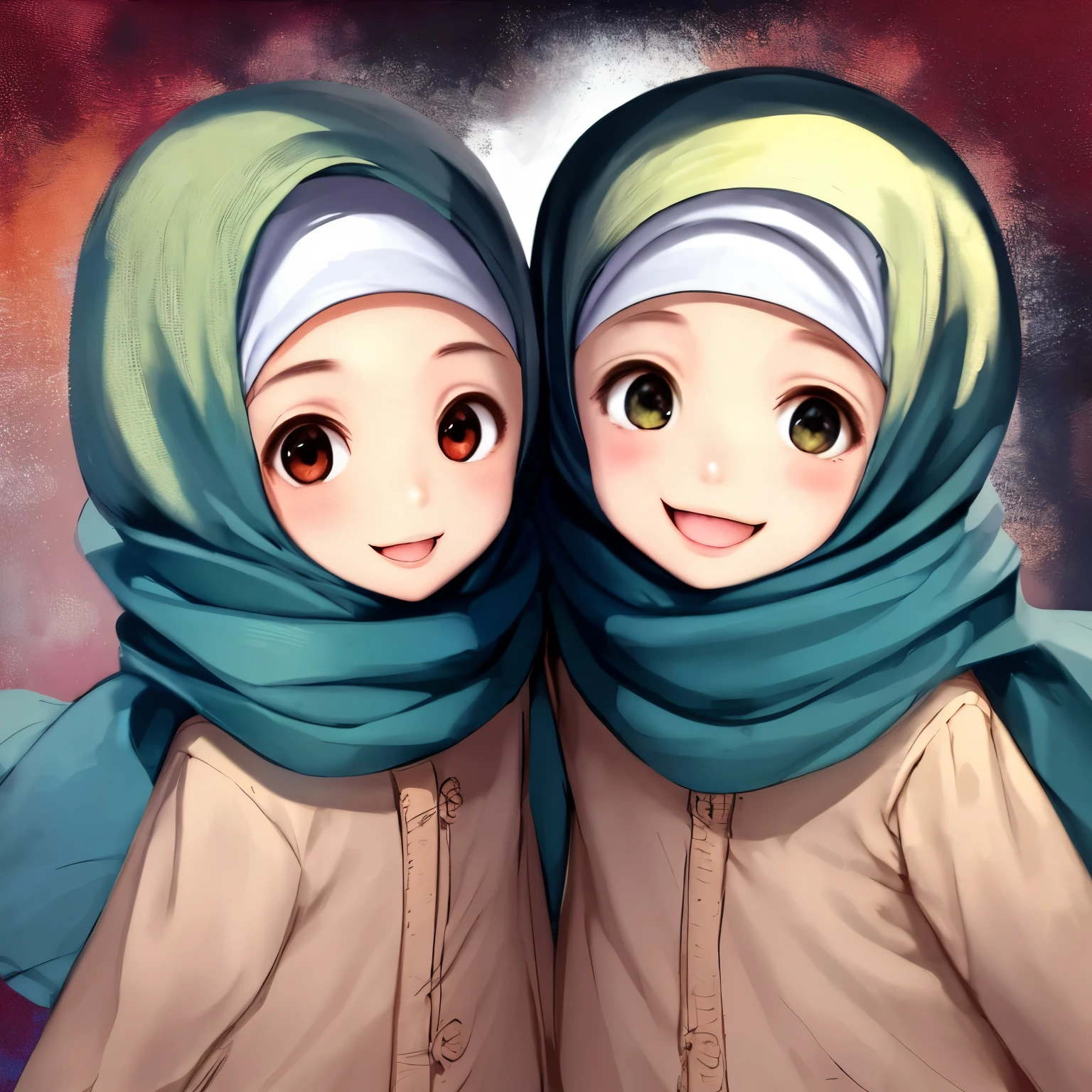 Make two children with hijab smile in front of camera