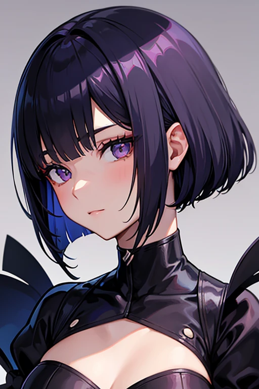 Anime-style portrait of a girl with a dark violet bob cut making eye contact with the camera, bright eyes, -facebtle smile, minimalistic background to emphasize character, high contrast, clean lines, digital painting, vivid colors, The girl wears her hair in a bob cut, cut at the jawline. Her hair is dark purple and her fringes are parted just in the middle of her forehead, barely peeking over her eyebrows. Other short hair frames the face on either side of the fringe, reaching just above the eyes, and the hair on the sides is clipped above the ears. The hair on top has slight volume and forms an overall rounded silhouette. The texture of the hair is smooth, shiny and lively. The ends of the hair are lightly styled inwards. 