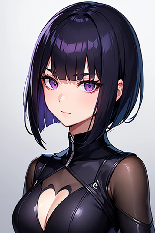 Anime-style portrait of a girl with a dark violet bob cut making eye contact with the camera, bright eyes, baby-faced, subtle smile, minimalistic background to emphasize character, high contrast, clean lines, digital painting, vivid colors, The girl wears her hair in a bob cut, cut at the jawline. Her hair is dark purple and her fringes are parted just in the middle of her forehead, barely peeking over her eyebrows. Other short hair frames the face on either side of the fringe, reaching just above the eyes, and the hair on the sides is clipped above the ears. The hair on top has slight volume and forms an overall rounded silhouette. The texture of the hair is smooth, shiny and lively. The ends of the hair are lightly styled inwards. 