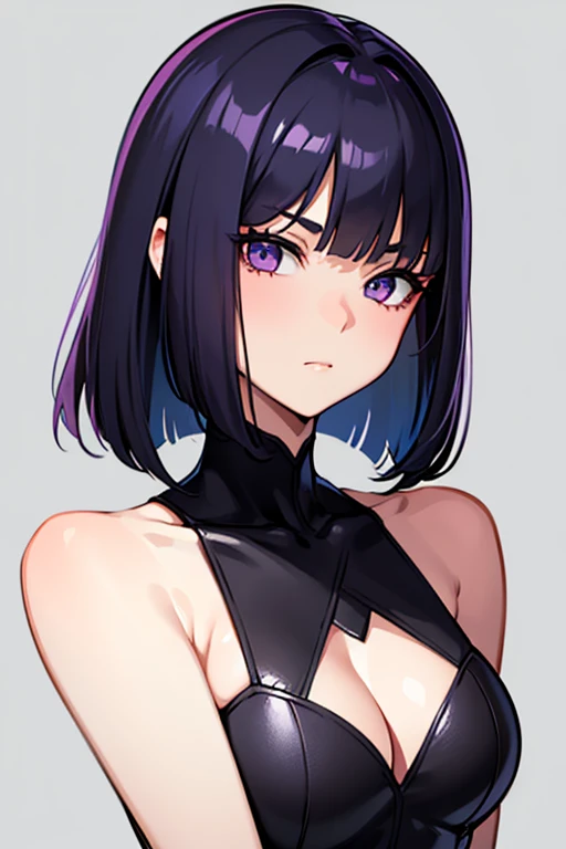 Anime-style portrait of a girl with a dark violet bob cut making eye contact with the camera, bright eyes, baby-faced, subtle smile, minimalistic background to emphasize character, high contrast, clean lines, digital painting, vivid colors, The girl wears her hair in a bob cut, cut at the jawline. Her hair is dark purple and her fringes are parted just in the middle of her forehead, barely peeking over her eyebrows. Other short hair frames the face on either side of the fringe, reaching just above the eyes, and the hair on the sides is clipped above the ears. The hair on top has slight volume and forms an overall rounded silhouette. The texture of the hair is smooth, shiny and lively. The ends of the hair are lightly styled inwards.