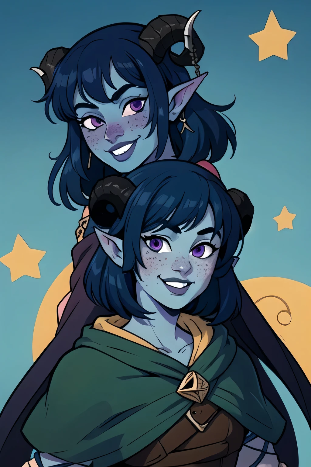 masterpiece, best quality, 2 girls, twins, jesterlavorre, blue hair,  purple eyes, blue skin, freckles, colored skin, horns, pointy ears,, tiefling, smile, looking at viewer, solo, mischievous smile, 