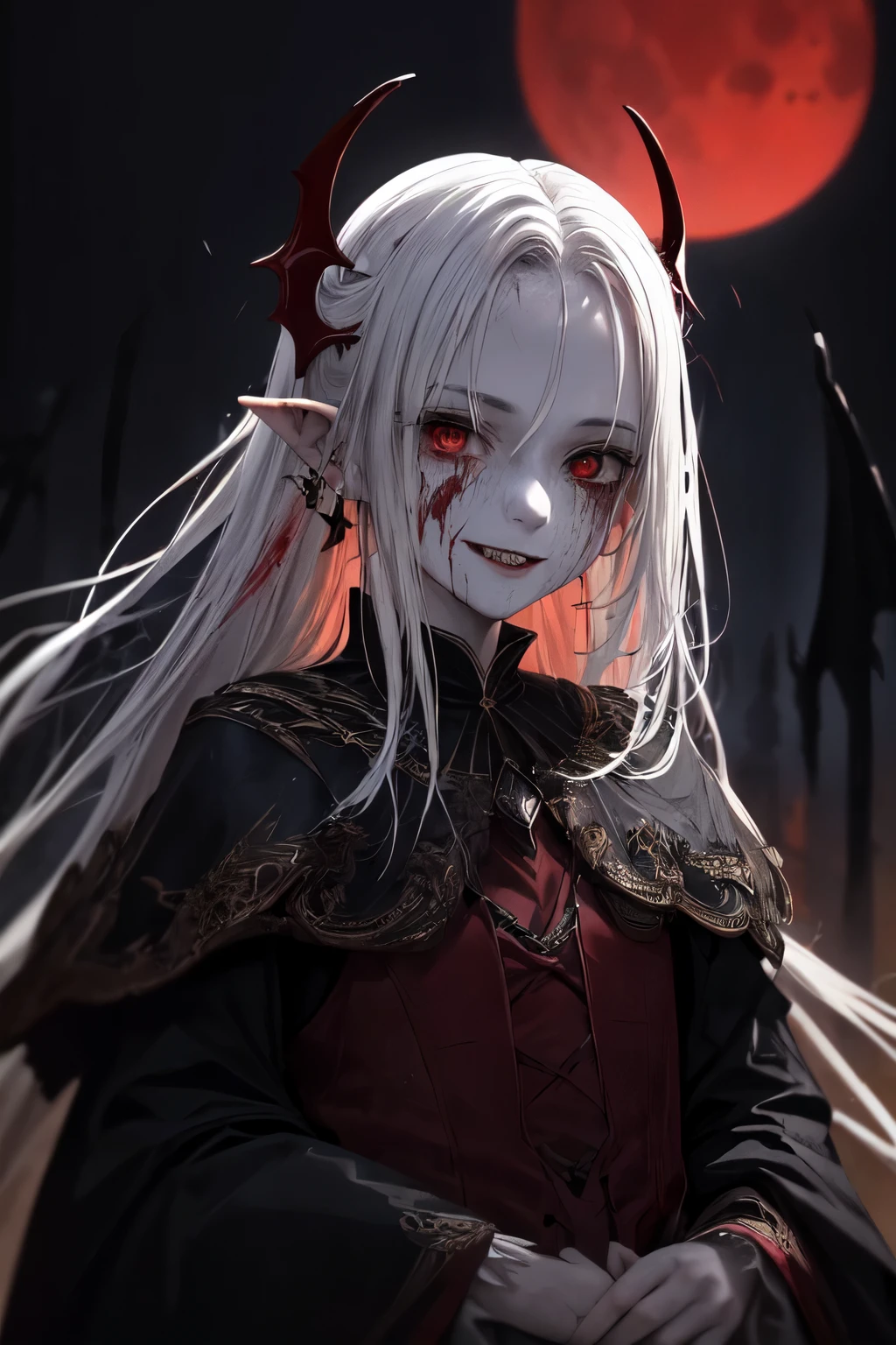 (masterpiece:1.2, Best quality),(Better lighting, very gentle and beautiful),(Better lighting, very gentle and beautiful), (Beautiful detailed face), (finely detailed eyes and a detailed face:1.2), dark fantasy, (young girl, Small animals, 1 girl, One, crazy smile, Pale skin, White hair, red glowing eyes, dynamic angle, a vampire), (gaint a vampire castle in background), (Red Moon, Red Sky), pointed_ears, fangs, demon wings, The Crown of Thorns, blood on the face, bloody rain, Bloody Mist, (depth of field), high contrast, (blood spatter:1.4), cowboy shot, whole body,