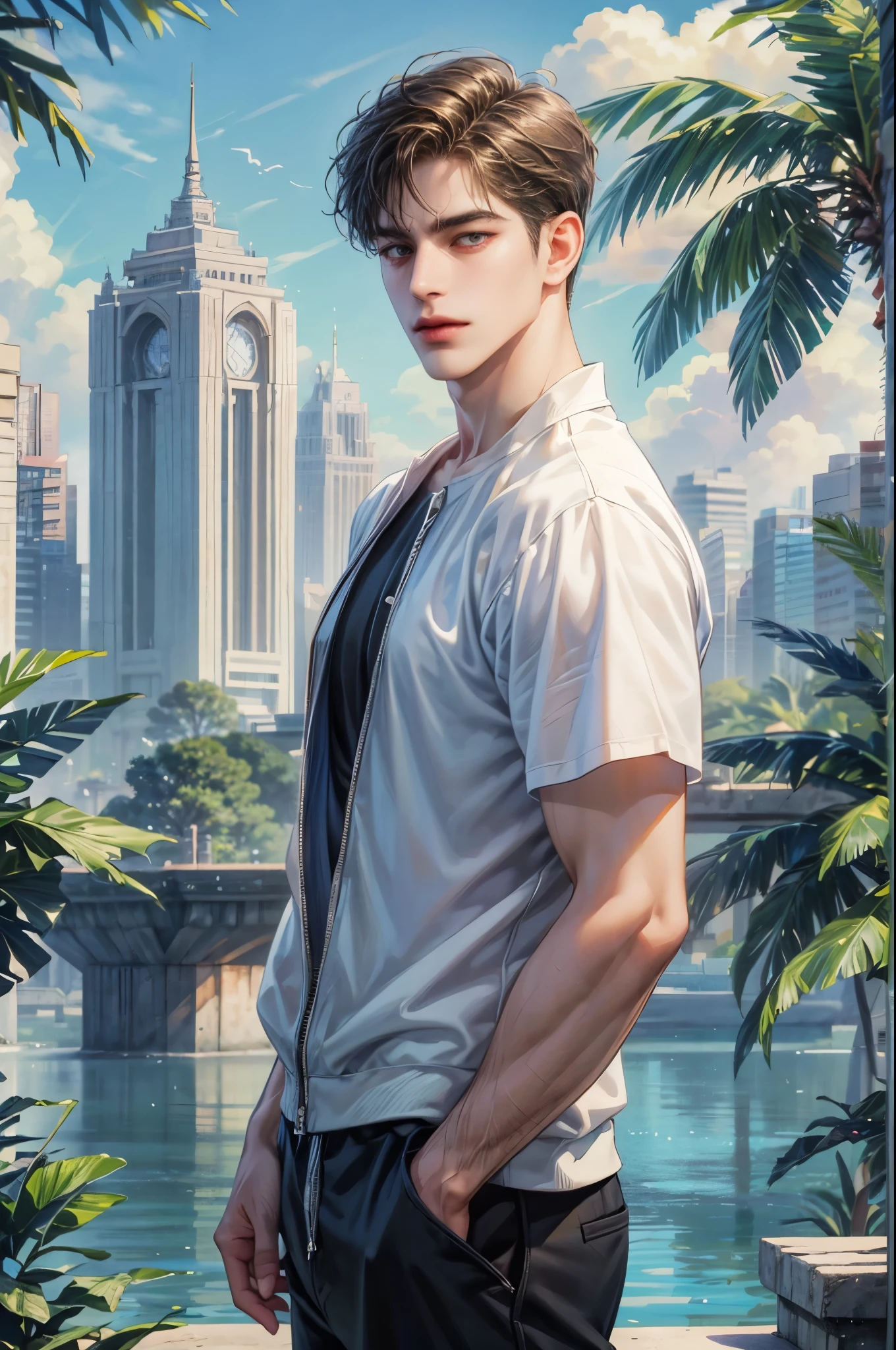 masterpiece, best quality, 1man, adult, male focus, solo, short hair, casual outfit, fashion show attire, extremely detailed resort background from the Philippines