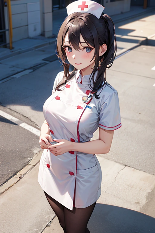 1 girl, realistic, photorealistic, highest quality, nurse, white nurse uniform, From above