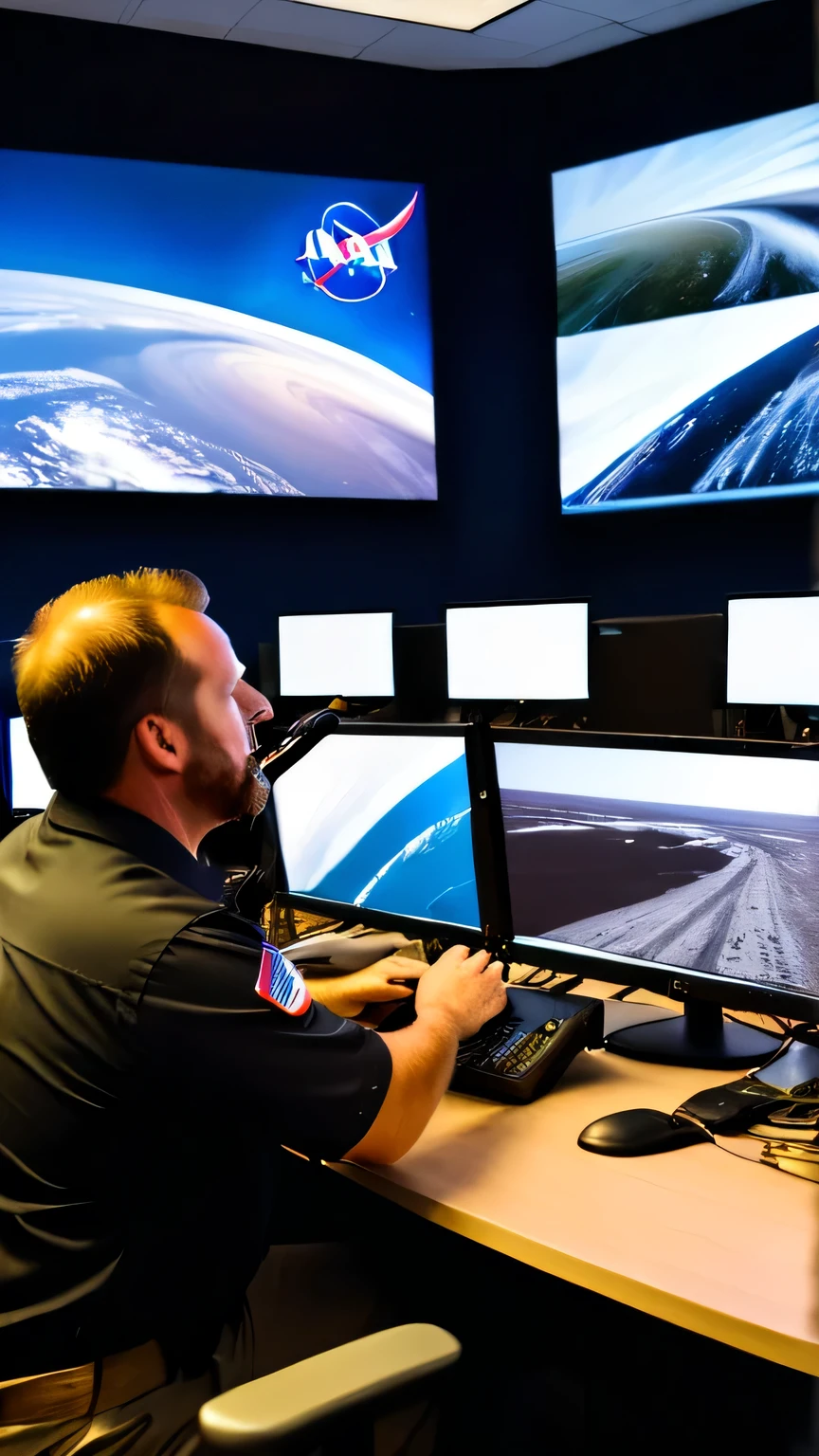 A cameraman is recording a chaotic situation front of a large monitor screen, inside the NASA office. 