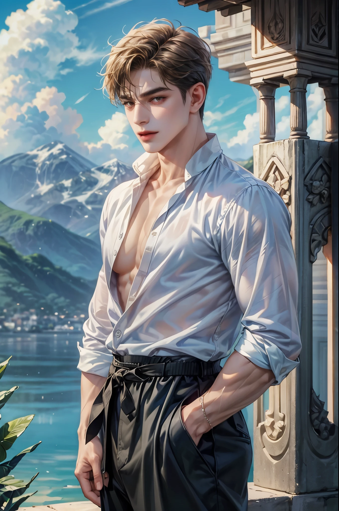 masterpiece, best quality, 1man, adult, male focus, solo, short hair, casual outfit, fashion show attire, extremely detailed resort background from the Philippines