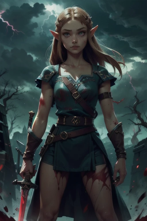 Thunderstorm, Princess Zelda, standing alone, sword, blank eyes, covered in blood and gore,