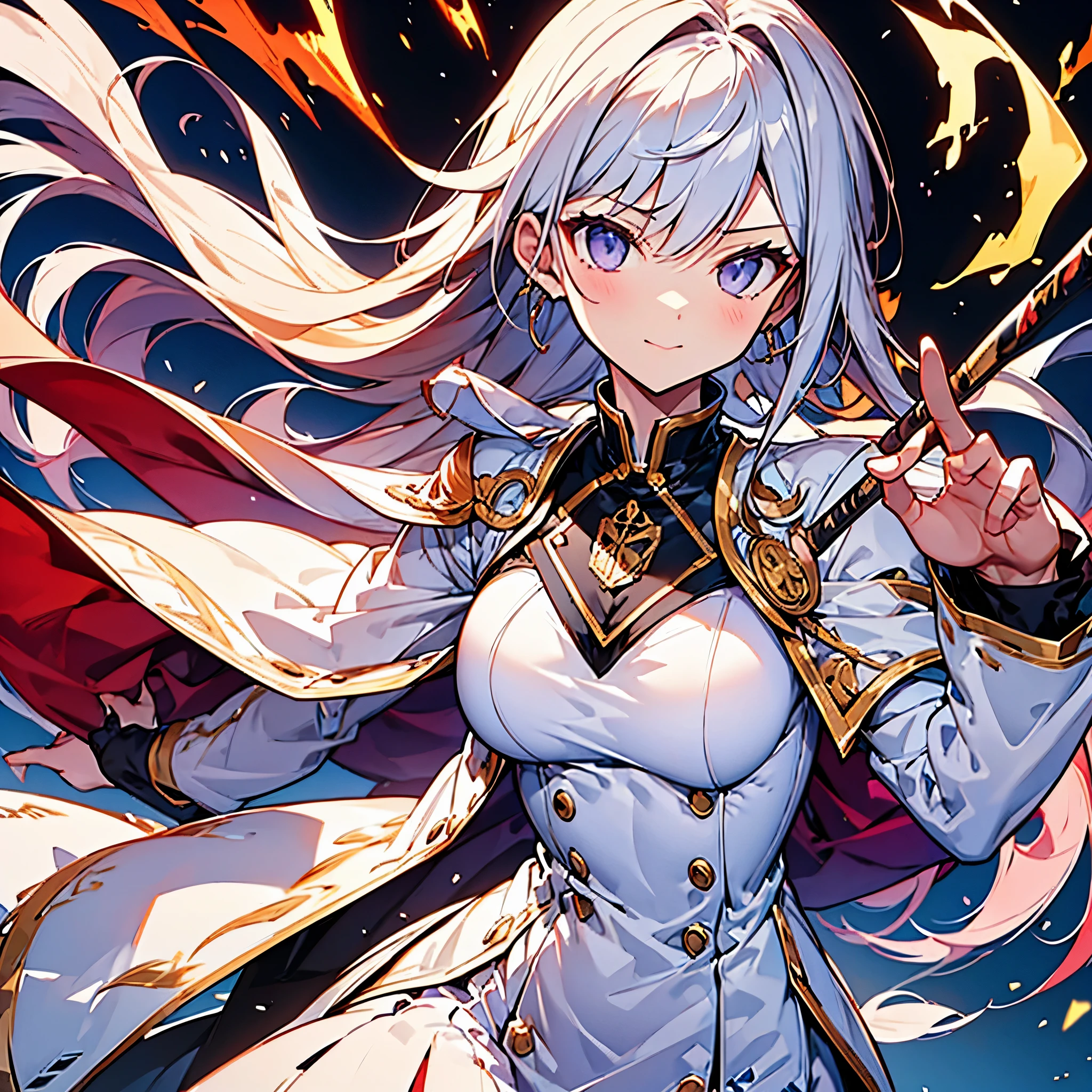 highest quality,(highest quality)),((table top)),((perfect face)),(background blur),1 girl.white uniform,white Jacket,Jacket,cane,woman,魔法のcaneを持っている,Flames flutter,Platinum and golden hair,purple eyes