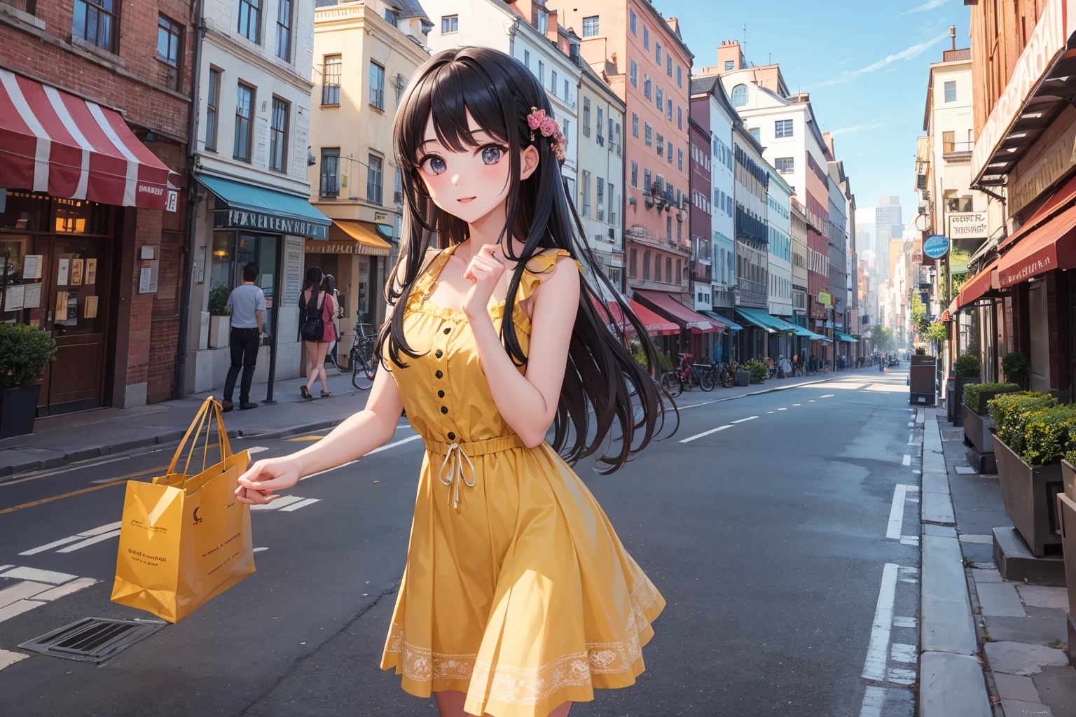 High quality, 4K he wallpaper, intricate detail, dale, ultra high quality, a cute girl wearing summer dress, walking in the city, cityscape, road,