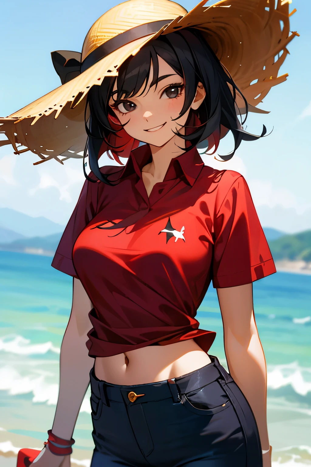 Girl, straw hat, naughty smile, scar under her left eye, black hair, black eyes, open red shirt with short sleeves, short jeans, big breasts, red shirt, sea in the background 