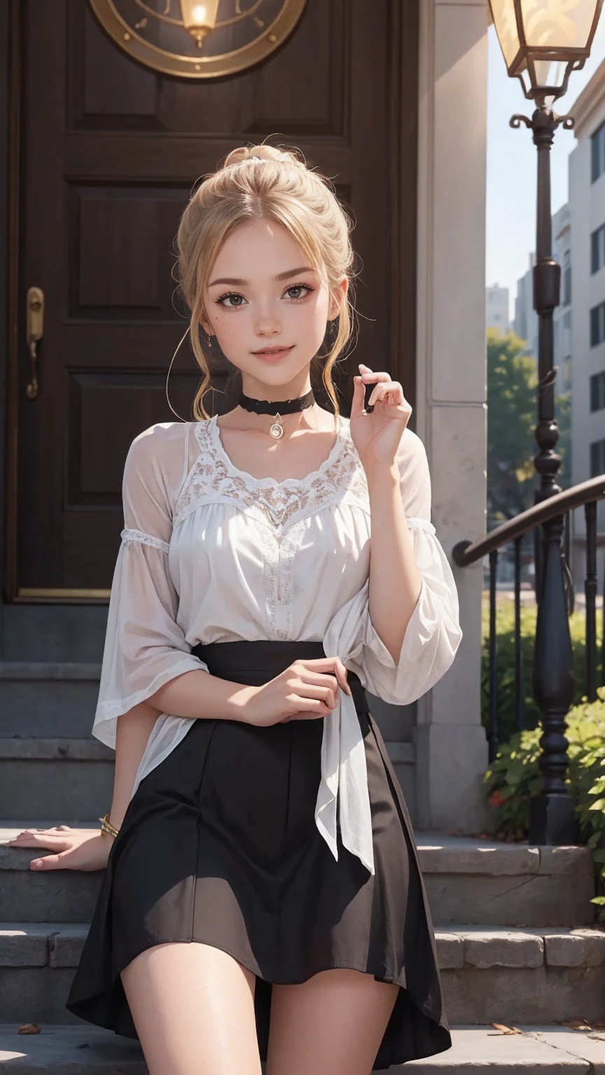 ((最high quality, 8K, masterpiece: 1.3, Ultra HD, high quality, 最high quality, High resolution, realism)) 、(high color saturation:1.0), (highly detailed skin), (最high quality:1.0), (超High resolution:1.0) ,(realistic:1.0), (Super detailed:1.0), (8K, Raw photo:1.1), slender、Slender, muscular body that's toned like an athlete's、I don't want my head to disappear from the screen.、Accessorize your wrist、Wearing red nail polish、I have a peticure、cinematic lighting, sparkle 、25 year old white woman、platinum blonde、long hair、blue eyes、hair above one eye、smile、Wear a lace choker、Wear a lace-decorated dress、flare skirt((flare skirt))wear、Stone apartment on New York's Upper West Side、Sit down on the steps at the entrance、smile((smile ))