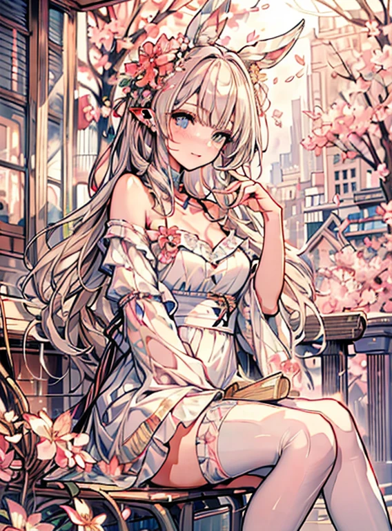 masterpiece, highest quality, High resolution, SA1, off shoulder dress, lots of flowers々, sparkling eyes, false eyelashes, cute atmosphere, rabbit ears，cherry blossoms，🌸，butterfly々，butterflyの羽，goblin，like，ribbon，race，