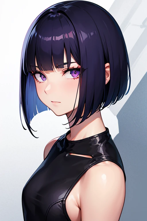 Anime-style portrait of a girl with a dark violet bob cut making eye contact with the camera, bright eyes, -facebtle smile, minimalistic background to emphasize character, high contrast, clean lines, digital painting, vivid colors, The girl wears her hair in a bob cut, cut at the jawline. Her hair is dark purple and her fringes are parted just in the middle of her forehead, barely peeking over her eyebrows. Other short hair frames the face on either side of the fringe, reaching just above the eyes, and the hair on the sides is clipped above the ears. The hair on top has slight volume and forms an overall rounded silhouette. The texture of the hair is smooth, shiny and lively. The ends of the hair are lightly styled inwards. 