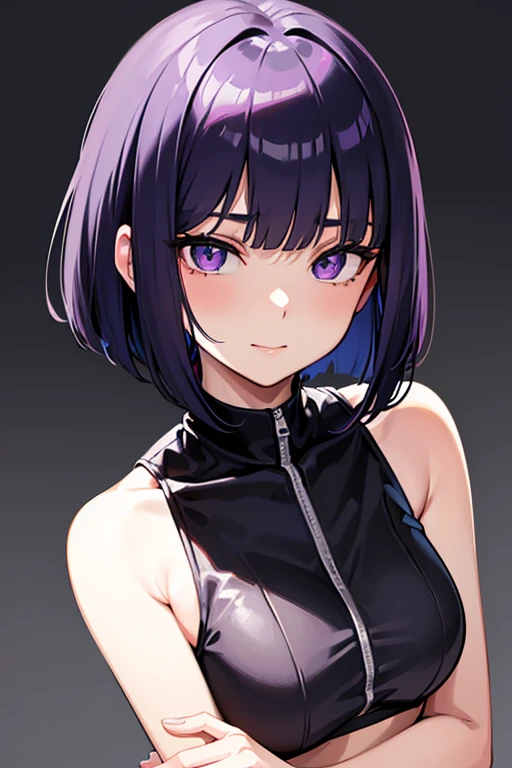 Anime-style portrait of a girl with a dark violet bob cut making eye contact with the camera, bright eyes, baby-faced, subtle smile, minimalistic background to emphasize character, high contrast, clean lines, digital painting, vivid colors, The girl wears her hair in a bob cut, cut at the jawline. Her hair is dark purple and her fringes are parted just in the middle of her forehead, barely peeking over her eyebrows. Other short hair frames the face on either side of the fringe, reaching just above the eyes, and the hair on the sides is clipped above the ears. The hair on top has slight volume and forms an overall rounded silhouette. The texture of the hair is smooth, shiny and lively. The ends of the hair are lightly styled inwards.