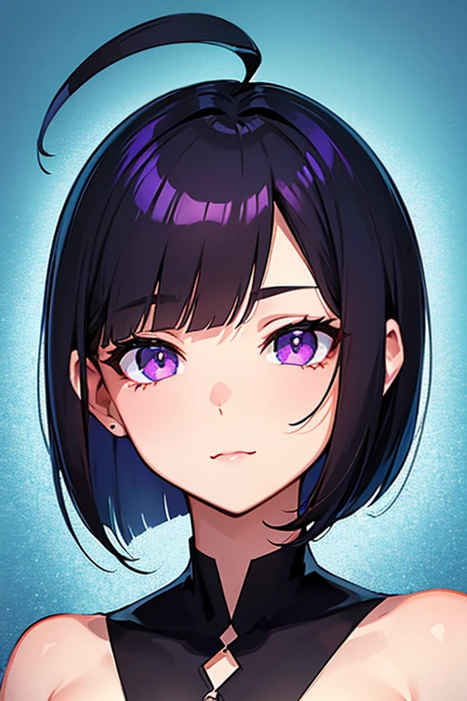 Anime-style portrait of a girl with a dark violet bob cut making eye contact with the camera, bright eyes, -facebtle smile, minimalistic background to emphasize character, high contrast, clean lines, digital painting, vivid colors, The girl wears her hair in a bob cut, cut at the jawline. Her hair is dark purple and her fringes are parted just in the middle of her forehead, barely peeking over her eyebrows. Other short hair frames the face on either side of the fringe, reaching just above the eyes, and the hair on the sides is clipped above the ears. The hair on top has slight volume and forms an overall rounded silhouette. The texture of the hair is smooth, shiny and lively. The ends of the hair are lightly styled inwards. 