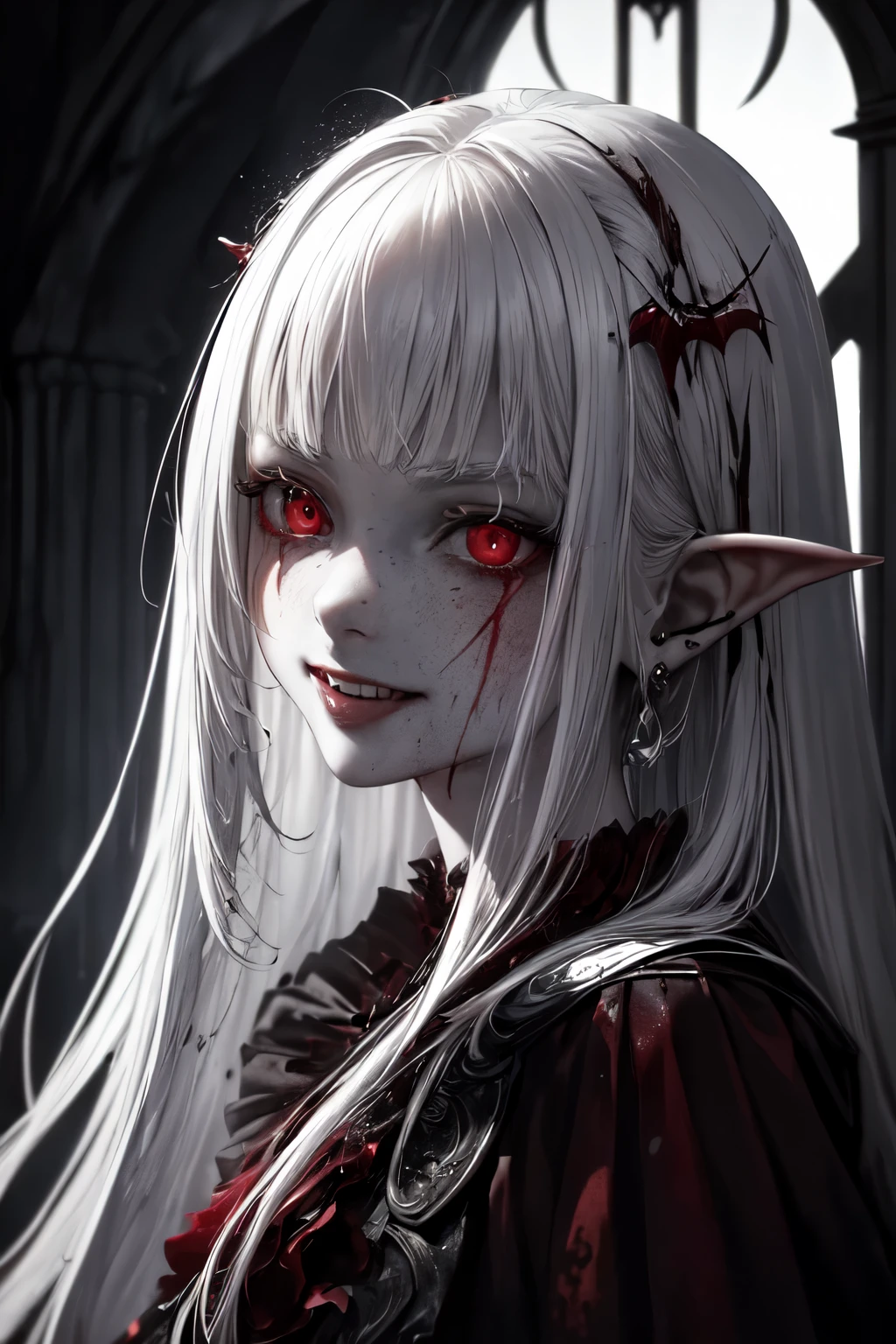 (masterpiece:1.2, Best quality),(Better lighting, very gentle and beautiful),(Better lighting, very gentle and beautiful), (Beautiful detailed face), (finely detailed eyes and a detailed face:1.2), dark fantasy, (young girl, Small animals, 1 girl, One, crazy smile, Pale skin, White hair, red glowing eyes, dynamic angle, a vampire), (gaint a vampire castle in background), pointed_ears, fangs, blood on the face, bloody rain, Bloody Mist, (depth of field), high contrast, (blood spatter:1.4), whole body,