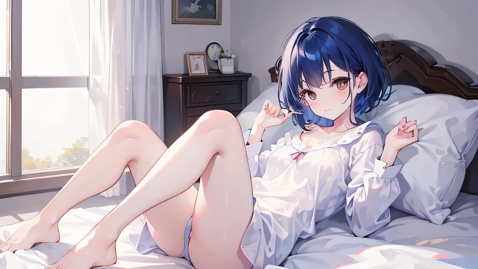 masterpiece, highest quality, High resolution, Horizontal image、brown eyes、smile、pajamas、nightwear、sleep、Are sleeping、Under the quilt、on the bed、Bedroom、Close ~ eyeidnight、short hair,blue hair, white skin、thick legs、,embarrassing,