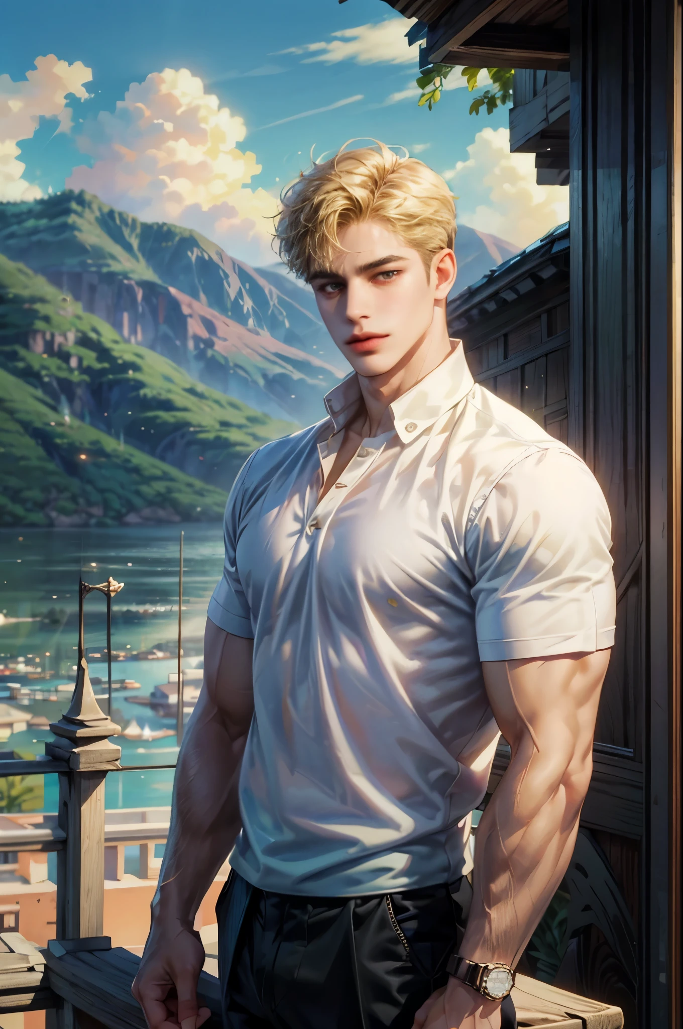 masterpiece, best quality, 1man, adult, male focus, solo, short hair, blonde, casual outfit, fashion show attire, extremely detailed resort background from the Philippines 