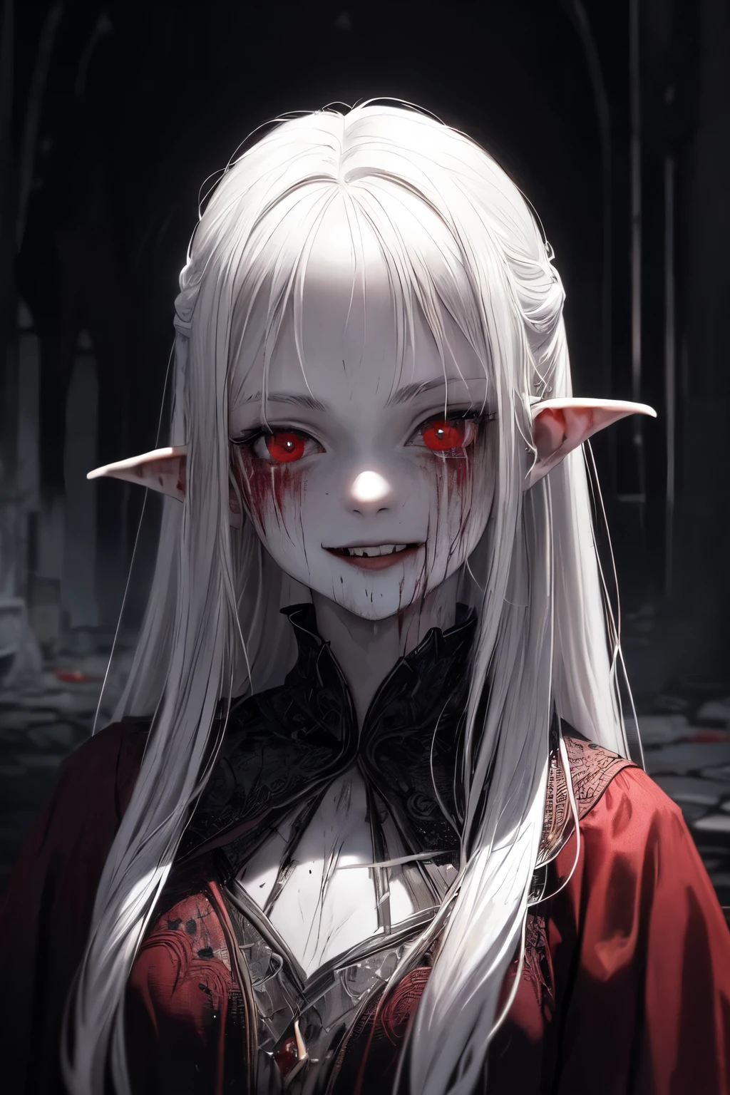 (masterpiece:1.2, Best quality),(Better lighting, very gentle and beautiful),(Better lighting, very gentle and beautiful), (Beautiful detailed face), (finely detailed eyes and a detailed face:1.2), dark fantasy, (young girl, Small animals, 1 girl, One, crazy smile, Pale skin, White hair, red glowing eyes, dynamic angle, a vampire), (gaint a vampire castle in background), pointed_ears, fangs,  blood on the face, bloody rain, Bloody Mist, (depth of field), high contrast, (blood spatter:1.4), whole body,