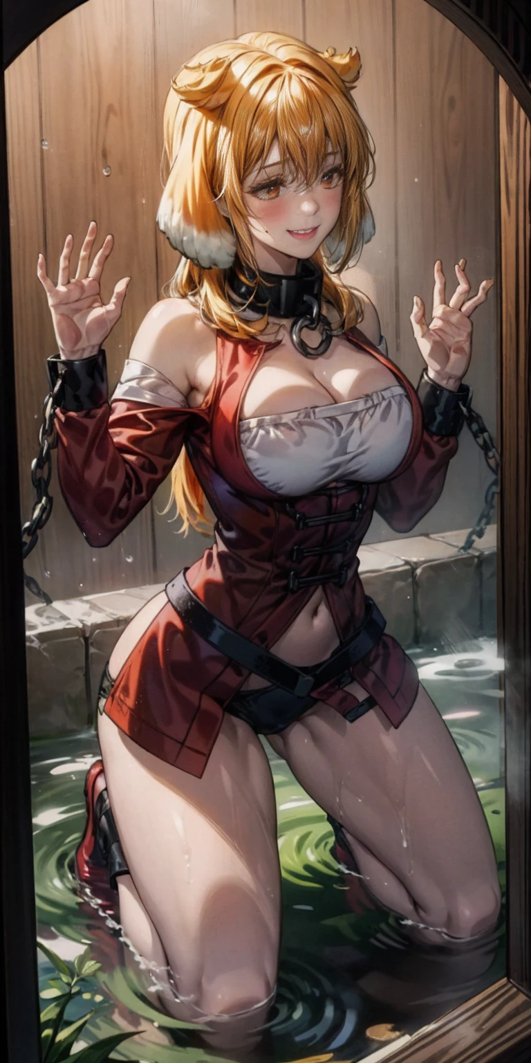 Latex girl lustful smirking smile red blush red cheeks, chain leash, kneeling, shackles, leather black collar slave, dog ears, fluffy dog ears, hands on glass breasts on glass ass on glass window fog water drop