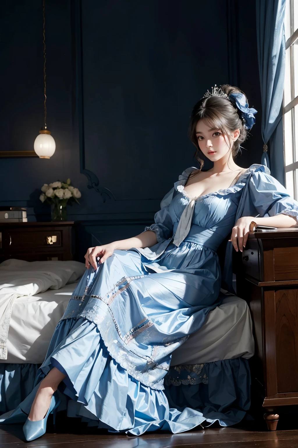 Araped woman sitting on bed in blue dress, inspired by Jean-Baptiste Van Loo(Jean-Baptiste van Loo), korean beauty, different actions, clothes:random,