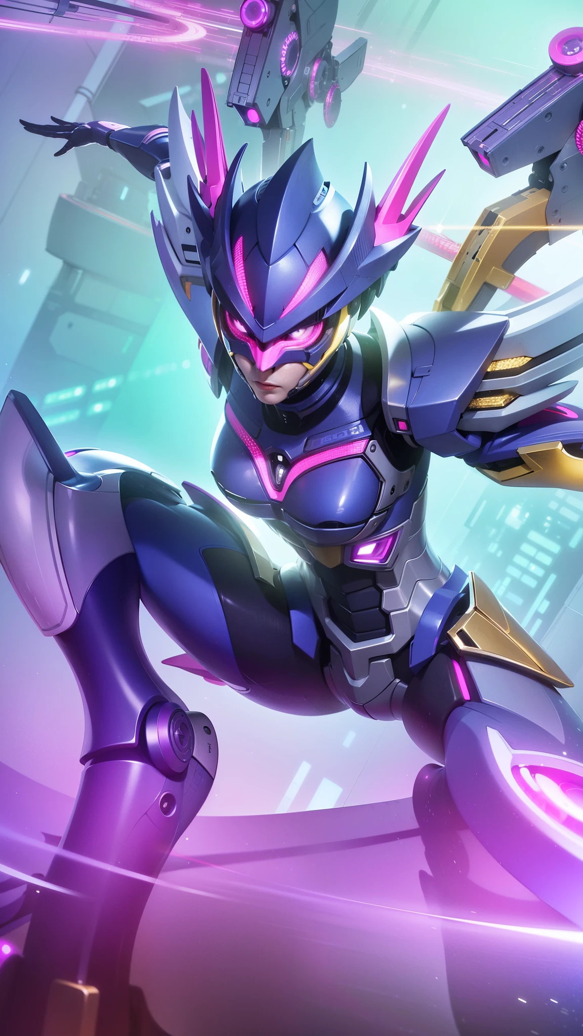 a close up of a robot with a purple and yellow costume, 8k, ultra hd, ultra detailed texture, hyper realistic, masterpiece, detailed texture, detailed face, detailed skin, detailed lighting, (photorealistic:1.5), best quality, beautiful lighting, cinematic lighting, professional lighting, ultra highres, realistic, detailed hair, real hair, high quality, (realskin:1.5), extremely detailed, finely detail, ultra-detailed.
