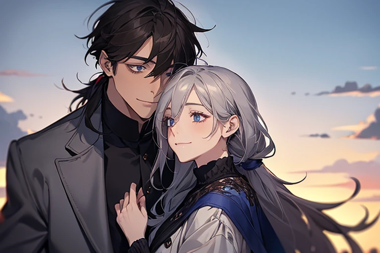 masterpiece, highest quality, 2 him, couple, 1 male and 1 female,mature, adult, Height difference, different fashion, different colors, small eyes and small face, intricate details, coat,dawn sky,Snuggle up,smile, Happy, A man with a dark blue low ponytail,The man has a dark blue low ponytail,silver long haired woman,The woman has her long silver hair down.,dark blue eyed man, red-brown eyed woman