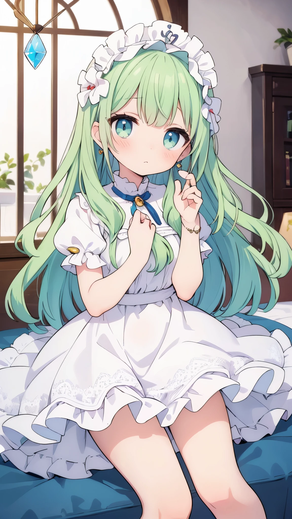 (cute with light green hair), (white dress), wavy hair, long hair, (flower headdress), Heart-shaped earrings, (Crystal clear eyes), innocence, (shy), indoor, short sleeve, (young), (white and soft skin), (slender body), (white stockings), cute cute, cute, cutest cute, cute, cute, adorable, immature