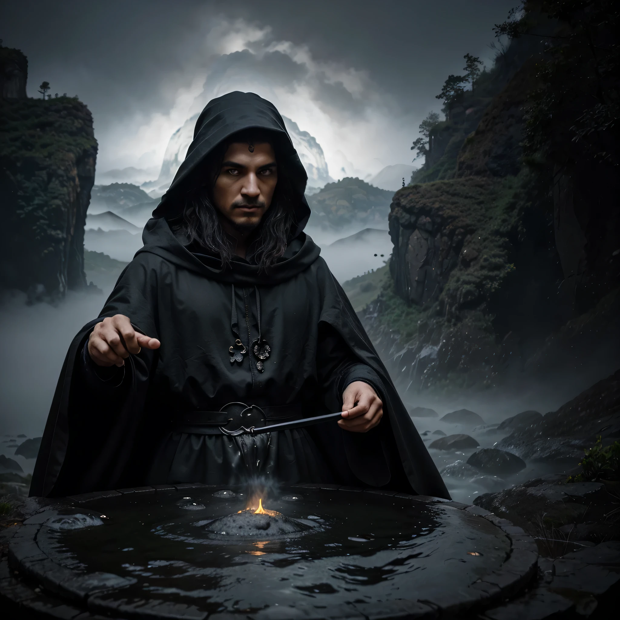 Depict a mystical sorcerer wearing a long black cloak, segurando delicadamente um ovo extraordinariamente brilhante e laranja. Detalhe seus olhos profundos e misteriosos, the surrounding environment shrouded in mist and a bubbling cauldron at your side.