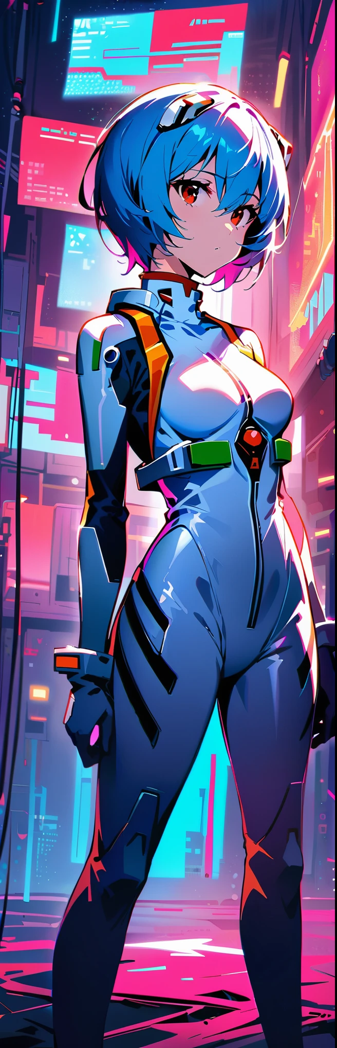 (best quality:1.2),1 girl,alone,standing_,Ayanami Rei,white jumpsuit,Red eyes,pilot suit,short hair,blue hair,Bangs,interface headphone,turtleneck sweater,hair between eyes,Pixelated background,neon lights,SF Color Scheme,bright colors,metallic feel,Detailed shadows,holographic interface,dark atmosphere,high contrast,sharp focus,A hair,Reflective surface,Exquisite details,High resolution,studio lighting,Red embellishment,lit environment,Artificial Intelligence Assistant