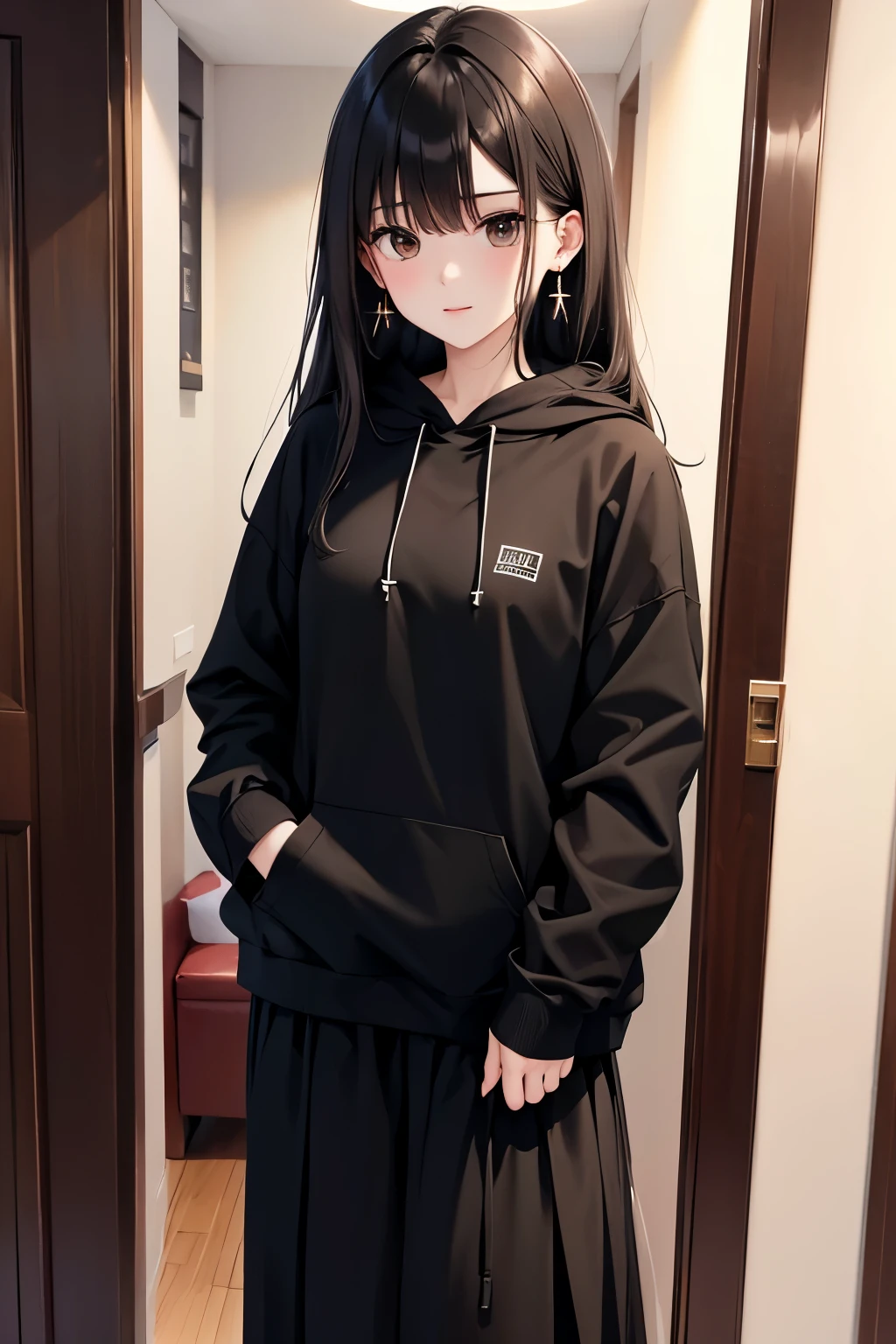 best quality, highres,Slender、brown eyes、tall、black hair、(semi-long:1.3),straight hair、earrings、Hotel、dark room、Black hoodie、black long skirt