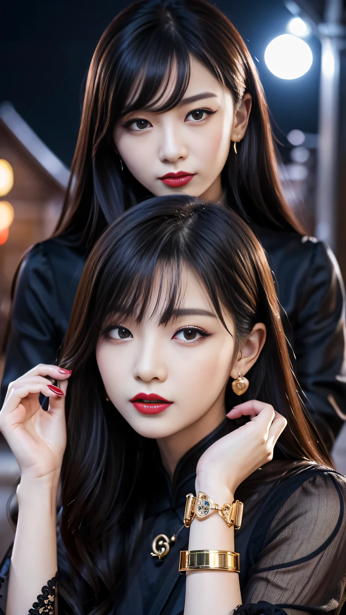 tra-detailed、Japanese、attractive beauty、seductive adult woman、pretty woman、piercing eyes、cool girl、wavy hair、swept bangs、Long Black and Gold Cheongsam、wide sleeves、Evil cadres、evil depravity、brainwash、mind control、lipstick、lip gloss、dark makeup、smirk、whisper in your ear、Evil expression、evil、hollow eyes,half-closed eyes、empty eyes、evil、church at night、vampire、succubus、vampire、Swear allegiance、sexy pose、bracelet