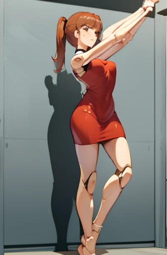 A Female robot is sleeping in bedroom, spread legs, nude, banzai pose. she wears no dress. She Brown short hair is tied with two big red clothespins, She lifts up the under hem of her white plain dress, leaning over, masterpiece, very short pigtails,brown hair, mature, android, blue eyes, full body figure, Height: 160cm, flushed cheeks, 2020s anime picture, A beautiful robot with short brown hair in two short pigtails held up by two very large huge red clothespins, Uplifting, No NSFW, whole body, barefoot, archaic smile, getting orgasm, 25 years old, sweat bucket. 